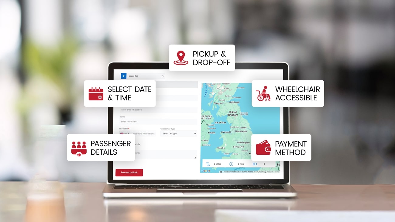 Online booking interface for Leeds Cab Wheelchair Taxis showing pickup, date, passenger details, and wheelchair accessible options.