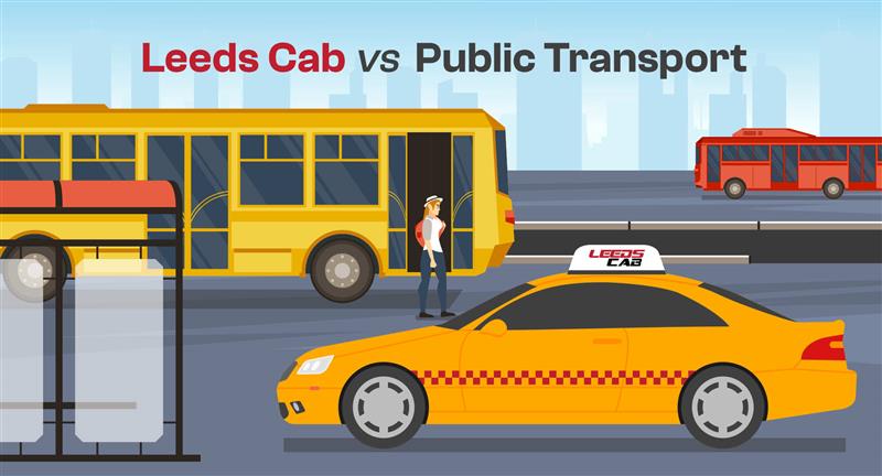 Illustration of Leeds Cab vs Public Transport showing the faster, more efficient option for urban commuting.
