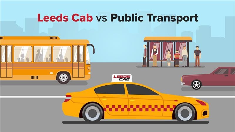 Leeds Cab vs Public Transport: A taxi and bus side by side with passengers waiting at a bus stop.