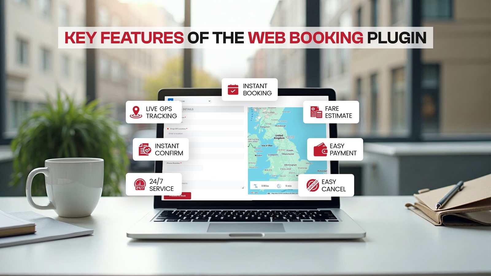 Laptop with web booking plugin features like booking, GPS, fare, payment, and 24/7 service.