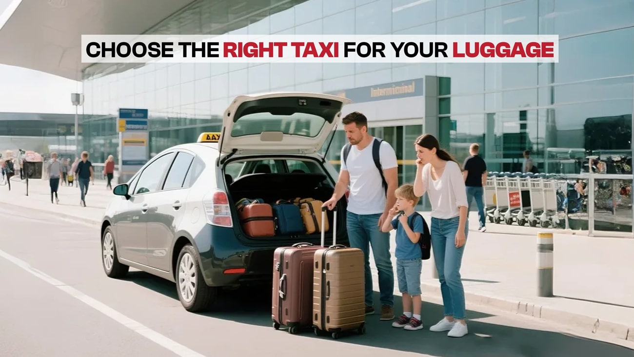 Family with luggage choosing the right airport taxi with enough space for bags.