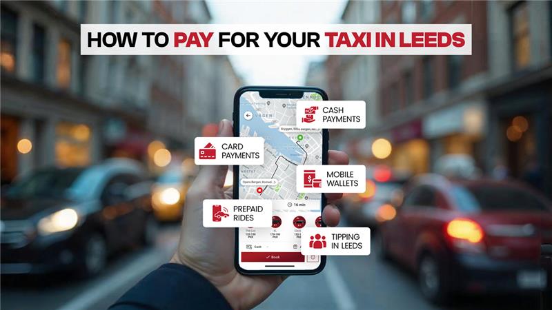 A phone displaying payment options for taxis, including card payments, mobile wallets, cash, prepaid rides, and tipping.