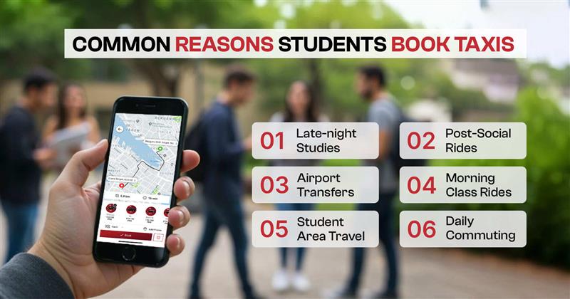 common reasons students book taxis Alt Text:<br />
Image showing common reasons students book taxis, including late-night studies, airport transfers, and daily commuting.<br />
common reasons students book taxis.jpg<br />