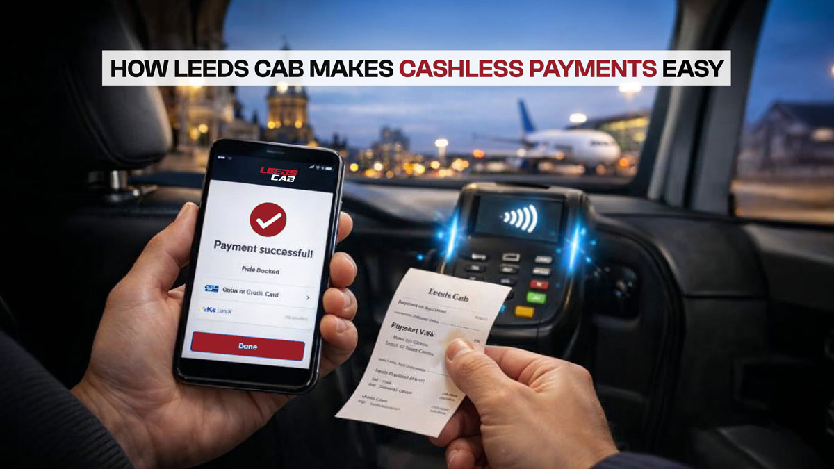 A person holding a smartphone with a successful payment confirmation and a receipt, with a card reader in background inside a taxi. 