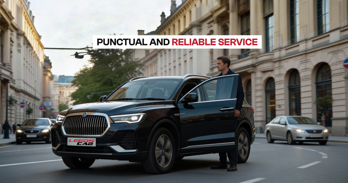 Leeds Cab showing a punctual and reliable taxi service with a black SUV, ideal for city travel and efficient rides.