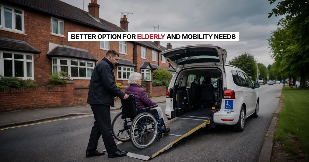 Wheelchair passenger boarding accessible taxi in Leeds with ramp, showing door-to-door wheelchair taxi service for elderly and mobility needs.