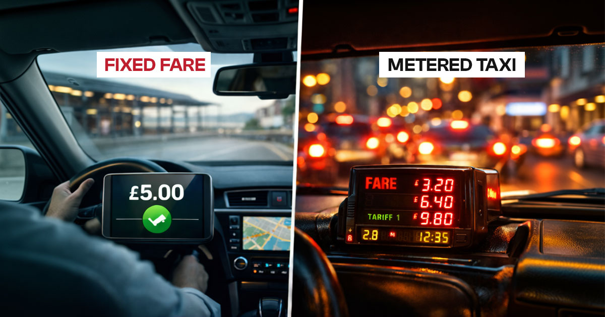 Split image showing fixed fare vs metered taxi in Leeds, highlighting set price and running meter during traffic for city travel comparison