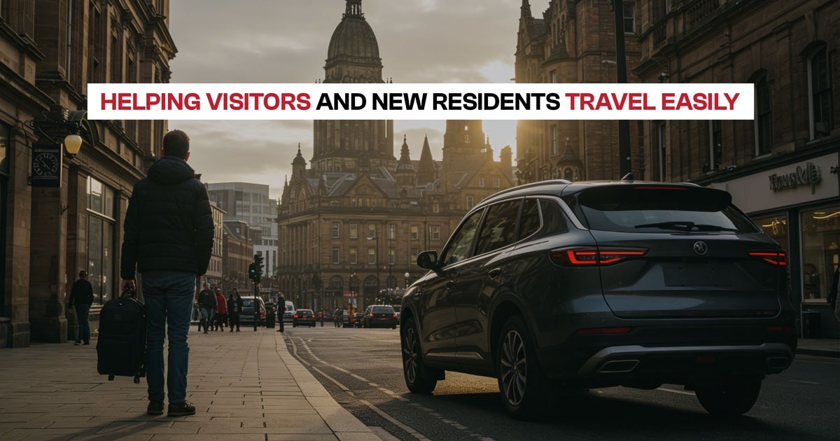 Visitor with luggage walking in Leeds city center near taxi, showing how local taxi services help new residents and tourists travel easily.