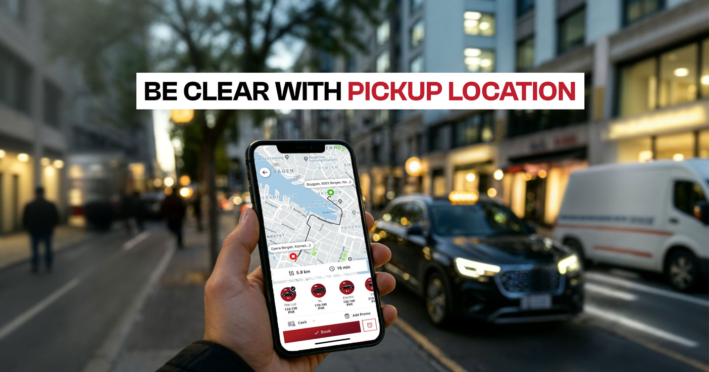 Person using a taxi booking app on smartphone showing map and pickup location on a busy city street
