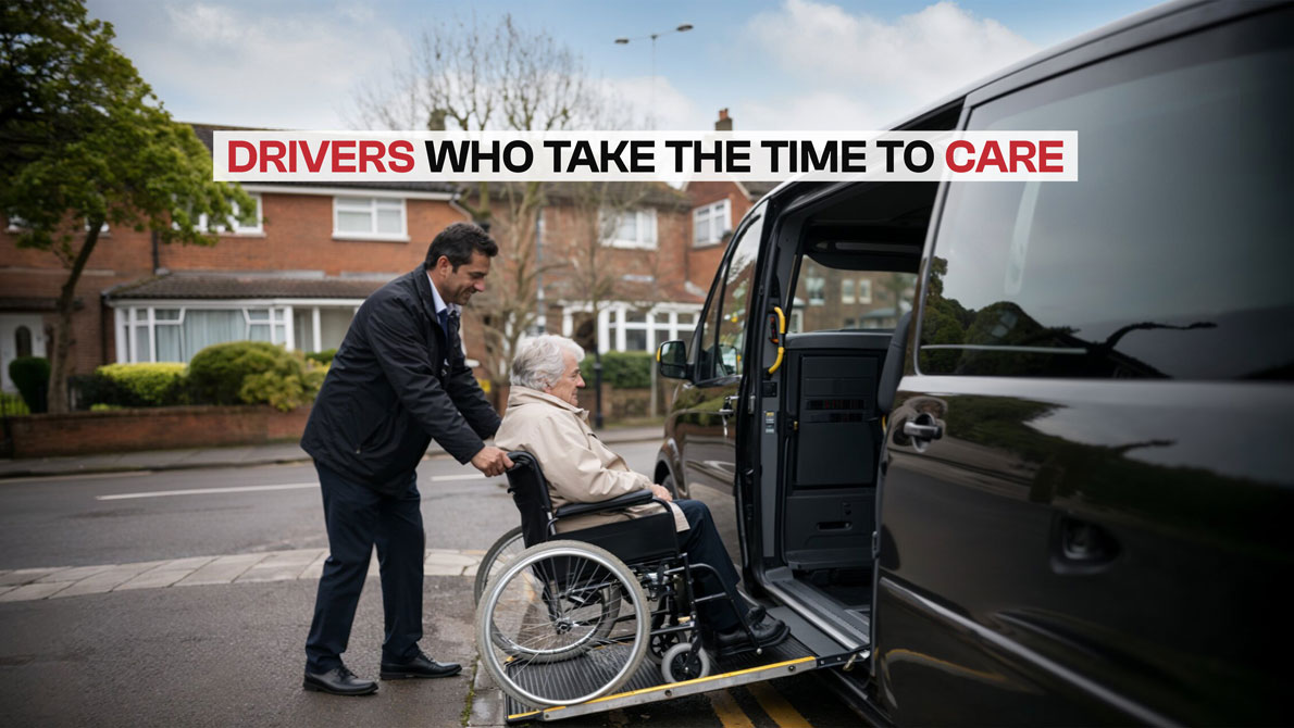 Taxi driver assisting wheelchair passenger into accessible vehicle , caring transport service in UK