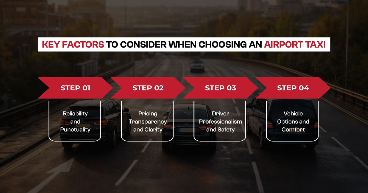 Key factors for choosing an airport taxi in Leeds: reliability, pricing transparency, driver safety, and vehicle comfort. 
