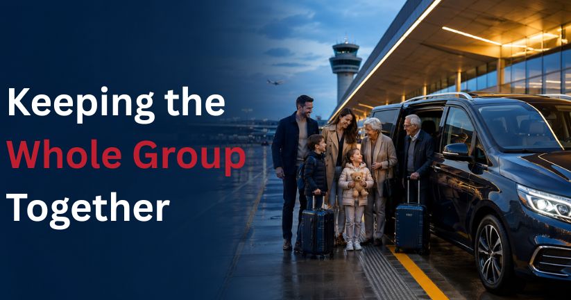 Family travelling together in a six-seater taxi at Leeds Bradford Airport.