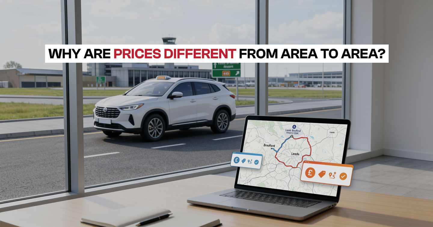 Map showing why Leeds airport taxi prices differ by area fixed fare zones across Leeds to Leeds Bradford Airport LBA.