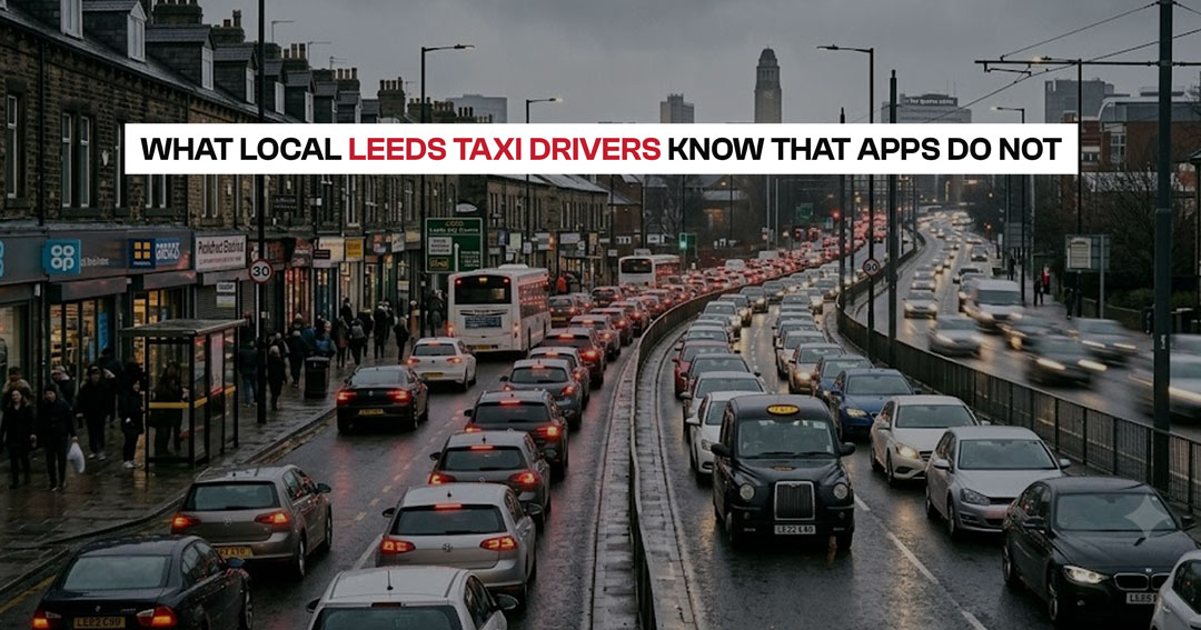 Local Leeds taxi driving through busy city traffic with expert knowledge beyond navigation apps.