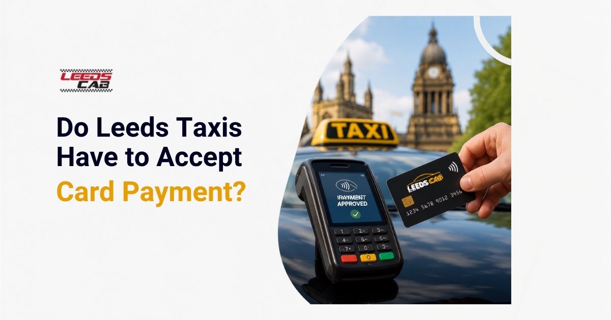contactless card payment on a Leeds taxi at night, with Leeds Town Hall lit up in the background