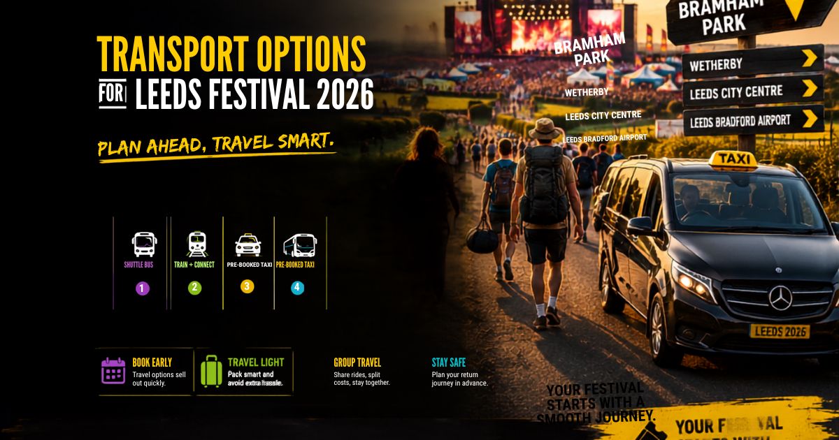Transport options for Leeds Festival 2026 including shuttle bus, train, taxi and coach to Bramham Park