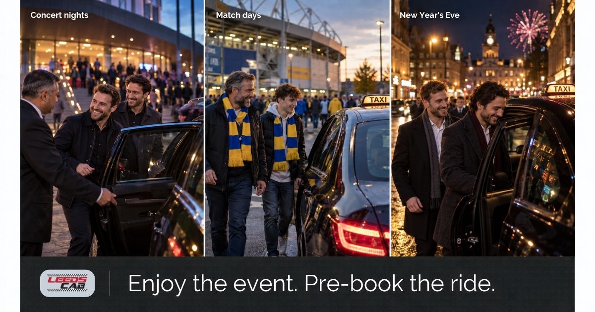 Leeds Cab passengers boarding pre-booked taxis after concerts, football matches and New Year's Eve celebrations.