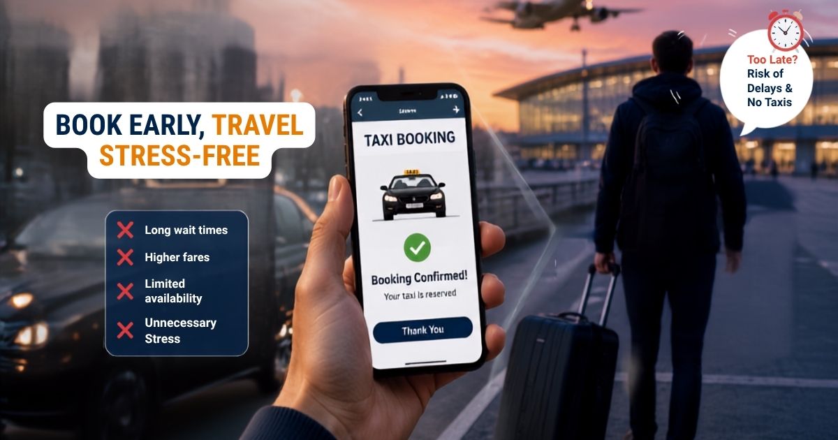 Passenger booking a taxi in advance at Leeds Bradford Airport to avoid delays and limited availability during busy travel periods.