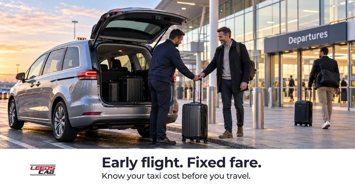 Leeds Cab driver helping a passenger with luggage during an early morning fixed-price airport transfer.