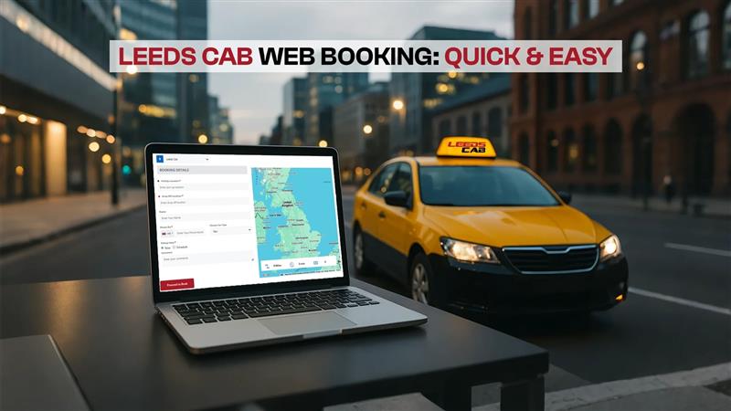 Laptop showing Leeds Cab web booking form with a Leeds Cab taxi parked on the street.