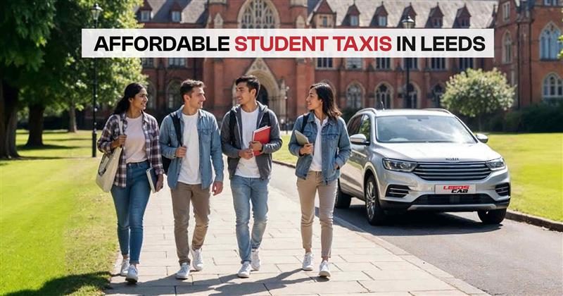 Students walking on a campus path in Leeds with a taxi parked nearby