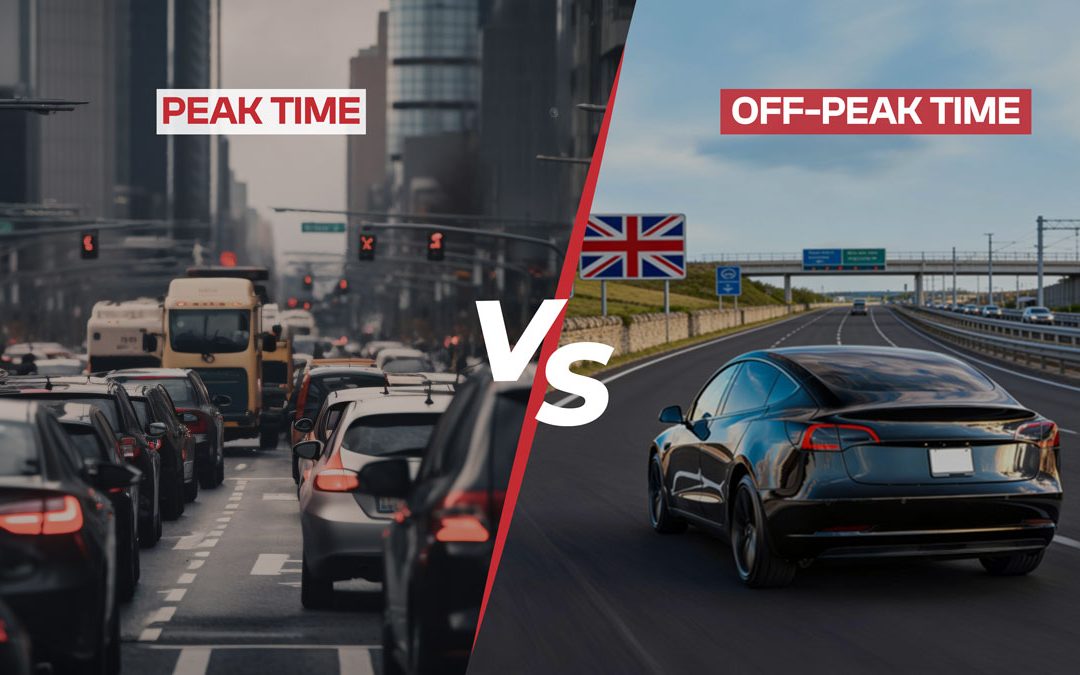 Image comparing peak time and off-peak time traffic conditions, one side shows heavy congestion in a city during peak hours, second side shows a smooth, empty motorway during off-peak hours with a UK flag in the background