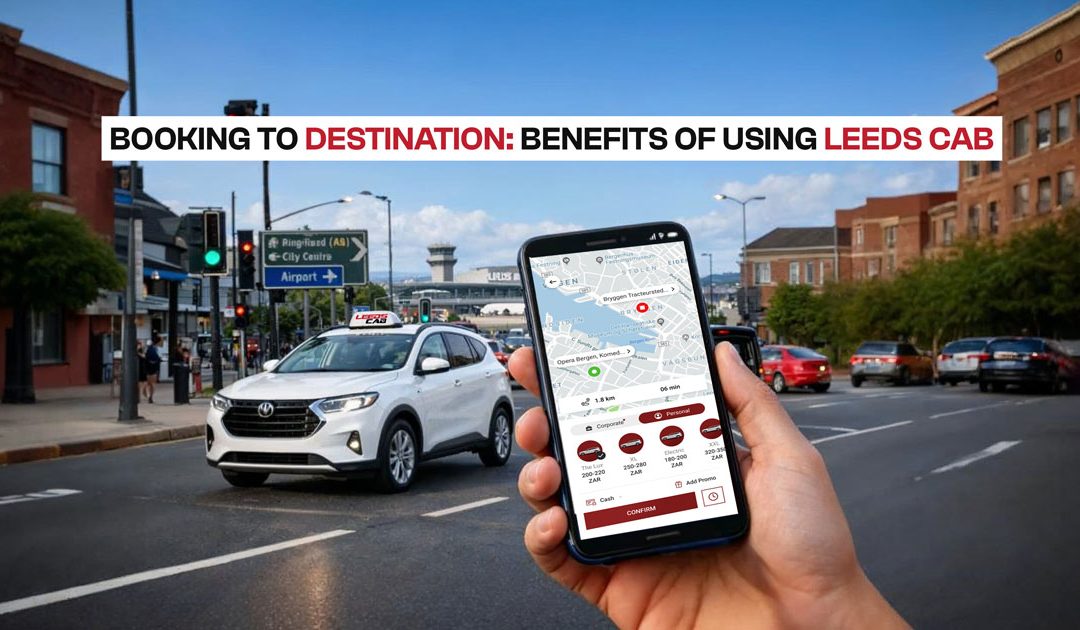 Leeds Cab booking app on a smartphone with a city street and airport in the background, highlighting taxi booking convenience