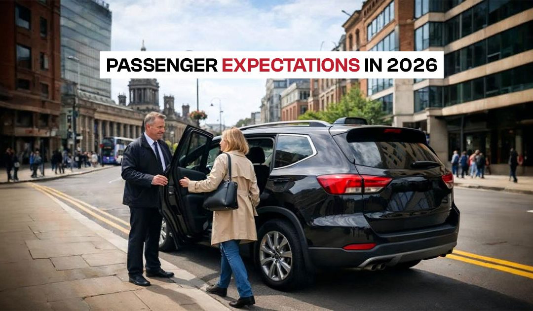 Taxi driver assisting a woman into a black SUV on a city street, highlighting rising passenger expectations in 2026 for comfort and service.