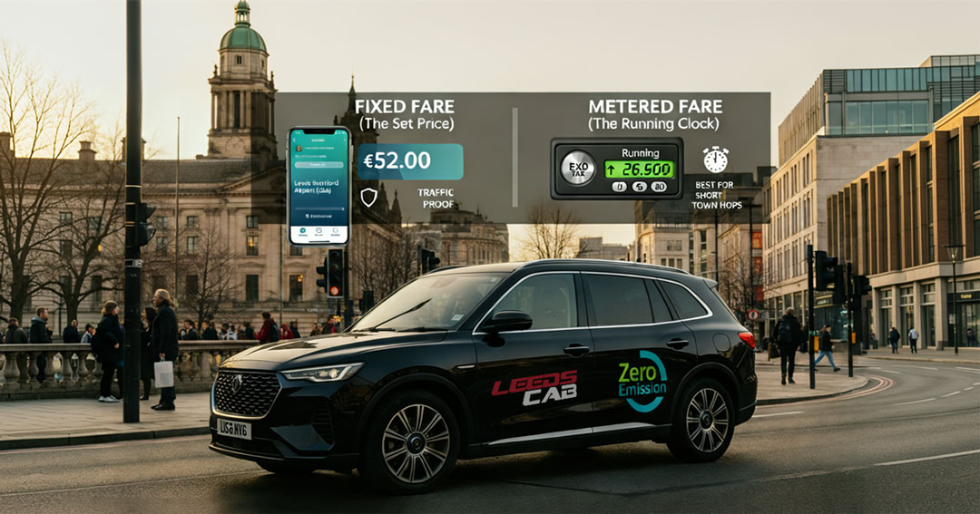 Leeds taxi with fixed fare vs metered fare comparison showing pricing difference for airport and city travel in Leeds