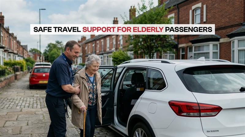 Taxi driver helping elderly passenger into car, safe travel support for elderly passengers in Leeds
