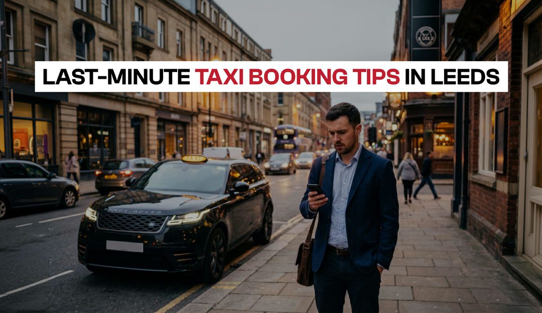 Man booking a last-minute taxi in Leeds city center using a mobile phone with a black cab in the background