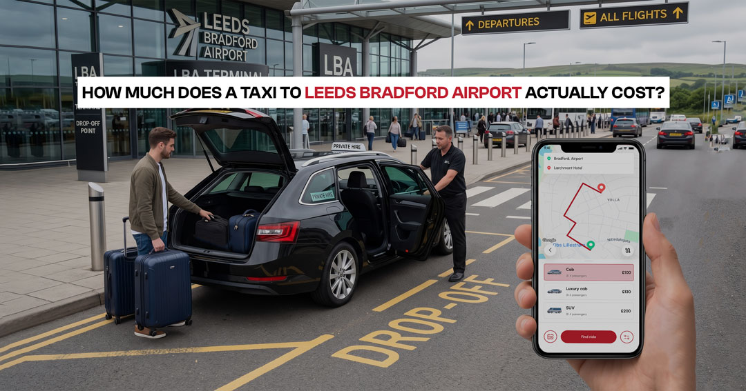 Taxi drop-off at Leeds Bradford Airport with private hire vehicle and passenger loading luggage, Leeds Cab airport transfer service.