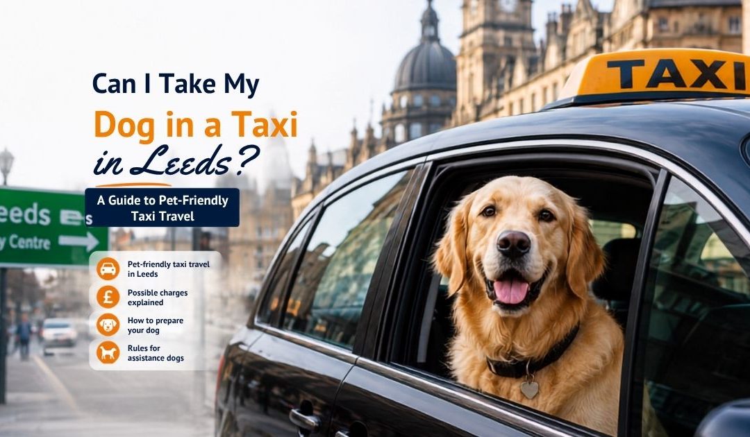 Dog sitting inside a taxi in Leeds with Leeds city centre in the background, illustrating pet-friendly taxi travel.