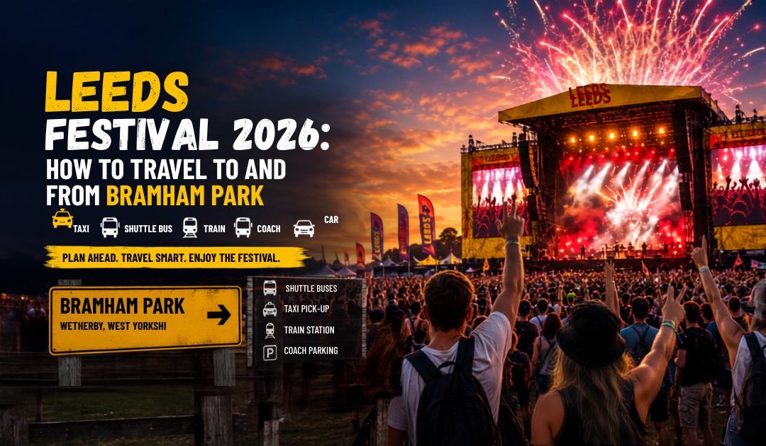 Leeds Festival 2026 travel guide showing Bramham Park, festival stage and transport options from Leeds