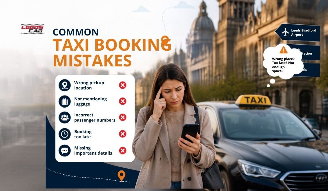 Common taxi booking mistakes in Leeds including wrong pickup location, missing details, incorrect passenger numbers and late bookings.