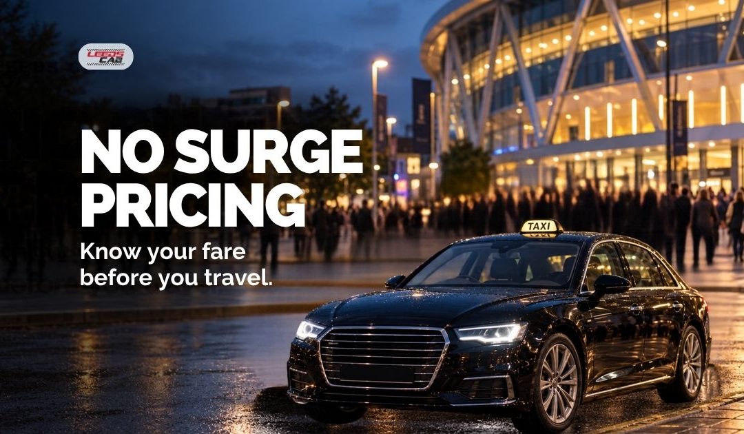 Leeds Cab taxi outside a concert venue at night, promoting fixed fares with no surge pricing.